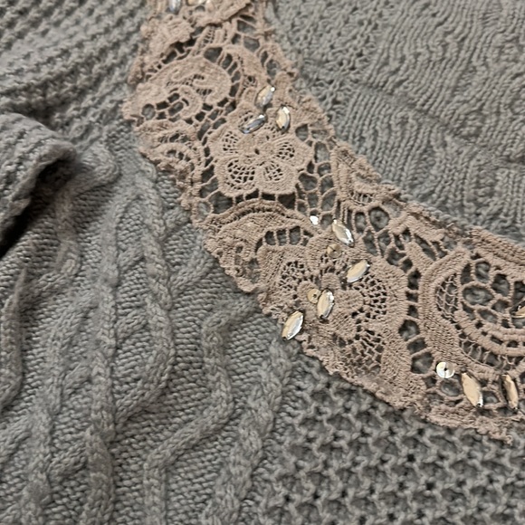 Free People Light Blue Aurora Embellished Lace Crochet Cable Knit Sweater - Picture 3 of 5